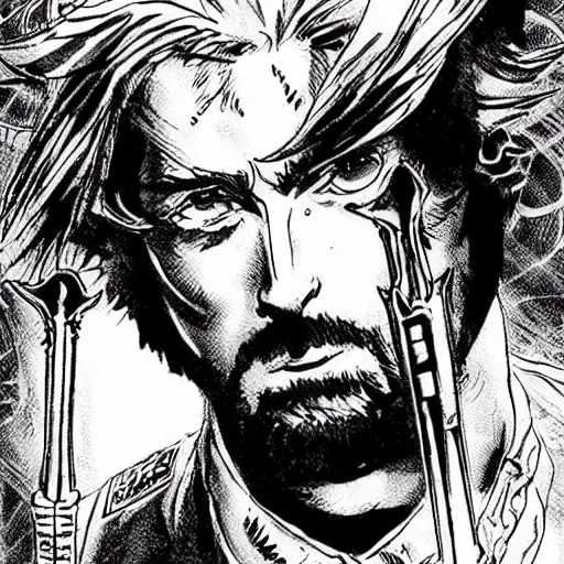 Image similar to pen and ink!!!! attractive 22 year old deus ex!! Gantz Frank Zappa x Ryan Gosling comic book Vagabond!!!! floating magic swordsman!!!! glides through a beautiful!!!!!!! battlefield magic the gathering dramatic esoteric!!!!!! pen and ink!!!!! illustrated in high detail!!!!!!!! by Hiroya Oku!!!!!!!!! Scott graphic novel!!!!!!!!! by Frank Miller!!!!!!!!! published on Cartoon Network MTG!!! award winning!!!! full body portrait!!!!! action exposition manga panel