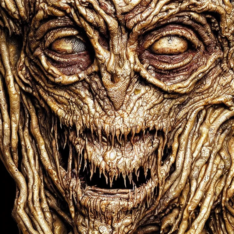 Image similar to photo taken of an epic intricate, ultra detailed, super realistic gritty, wet, lifelike sculpture of a nightmarish hellish alien ghoulish creature created by weta workshop, zoomed in shots, subsurface scattering, photorealistic, sharp focus, white wall coloured workshop, cold colour temperture, f 0. 4, face centred, golden ratio, golden hour