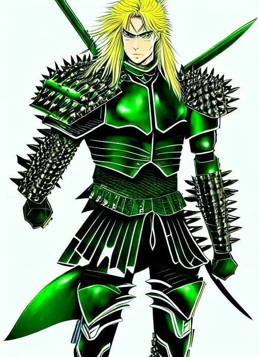 Image similar to a detailed anime full body portrait of a male warrior with long blonde hair and blue eyes wearing evil green spiked cyberpunk armour by hirohiko araki,