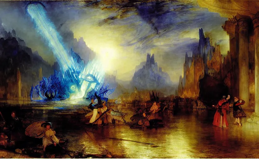 Prompt: the destruction of the elven empire, blue light, blue tones. by henriette ronner - knip, by william henry hunt, by rembrandt, by joseph mallord william turner, by konstantin razumov, concept art,