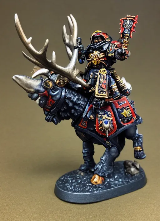 Image similar to 8 0 mm resin detailed miniature of a warhammer 4 0 k space marine riding a moose, product introduction photos, 4 k, full body,