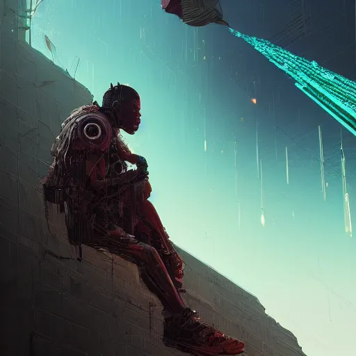 Image similar to a cyberpunk zulu warrior sitting on a cliff watching a meteor fall to earth from a distance, by alena aenami and android jones and greg rutkowski, Trending on artstation, hyperrealism, elegant, stylized, highly detailed digital art, 8k resolution, hd, global illumination, radiant light, detailed and intricate cyberpunk ghetto environment, rendered in octane, oil on canvas, wide angle, dynamic portrait