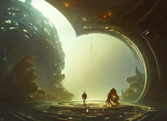 Prompt: a circular portal structure in the centre of an abandoned and overgrown alien city, beautiful curves, sci - fi, fantasy, golden ratio, epic lighting, amazing composition, messy brush strokes, very detailed, 4 k, in the style of peter mohrbacher