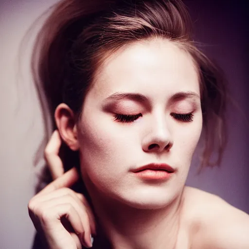 Image similar to Portrait photo of a famous actress posed in profile, eyes closed, natural makeup, studio lighting, highly detailed, cinestill 800t