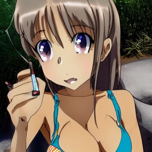 Prompt: beautiful anime in a tiny bikini blows a kiss