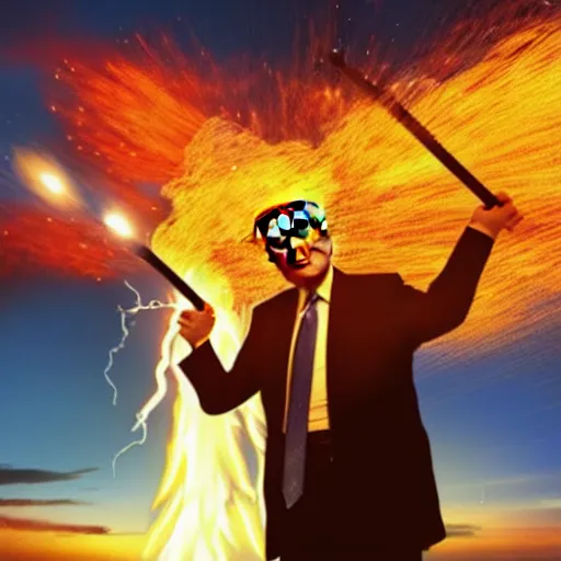 Prompt: burning donald trump casting fireballs, colorful hd picure, lightning in the background