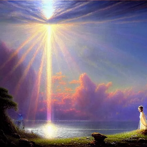 Image similar to an elegant fairy queen in a blue lace dress dancing looking out at a lord of the rings scenery landscape, staring across the sea at a white timber sail boat, sunrise, god's rays highly detailed, vivid colour, soft clouds, floral sunset, cinematic lighting, perfect composition, gustave dore, derek zabrocki, greg rutkowski, belsinski