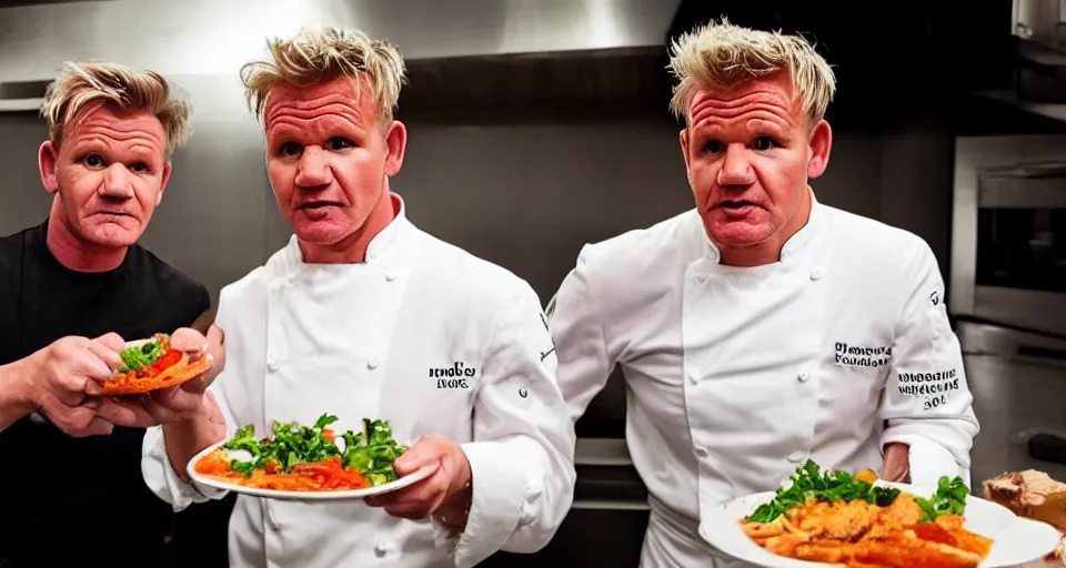 Prompt: gordon ramsay and gordon ramsay nervously showing the camera a dish that each of them prepared