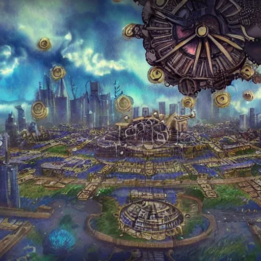 Image similar to city in a giant ring of petals, steampunk, fantasy art, sky in the background, detailed, behrens style