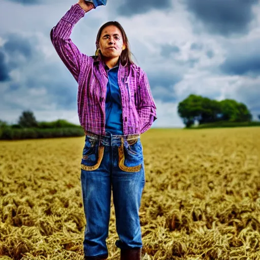 Image similar to portrait, a hardworking female farmer, ragged clothes, standing in a field