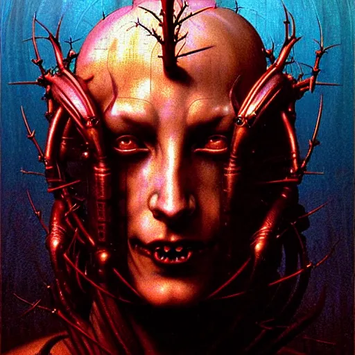 Prompt: cinematic masterpiece bust portrait of a gothic degenerate cyberpunk trader demon goddess of good morning, head and bust only, crown of wires and thorns, by Wayne Barlowe, by Leonardo DaVinci, by Tim Hildebrandt, by Bruce Pennington, by Zdzisław Beksiński, by Paul Lehr, oil on canvas, masterpiece, trending on artstation, featured on pixiv, cinematic composition, astrophotography, dramatic pose, beautiful lighting, sharp, details, details, details, hyper-detailed, no frames, HD, HDR, 4K, 8K