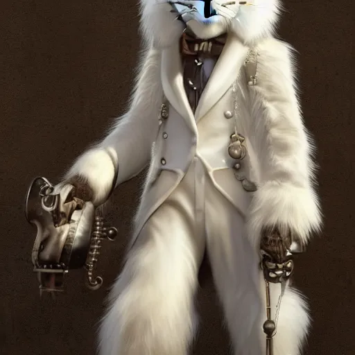 Prompt: white anthropomorphic lynx in victorian white man suit and white fur coat, lynx face, full body with cat paws by craig mullins and noriyoshi ohrai, unreal engine character, furry art, steampunk fantasy style, 4 k, trending on artstation