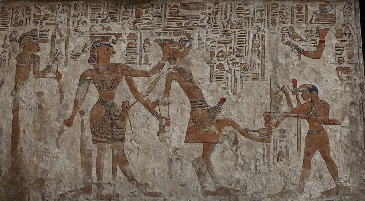 Prompt: mario as egyptian animal gods looking for wifi, ancient egyptian murals.