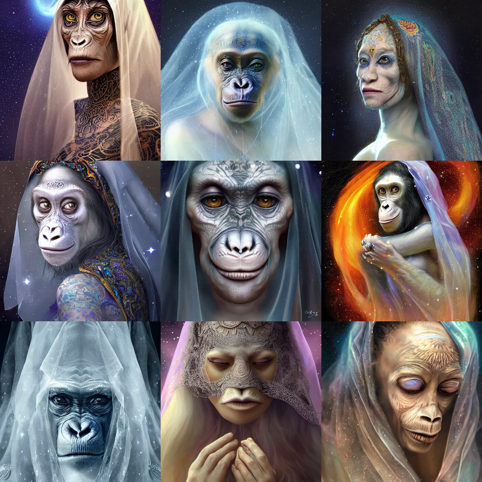 Image similar to a wlop 3 d render of very very very very highly detailed beautiful mystic portrait of a phantom priestess'female ape'in veil with whirling galaxy around, tattoos by anton pieck, intricate, extremely detailed, digital painting, artstation, concept art, smooth, sharp focus, illustration, intimidating lighting, incredible art,