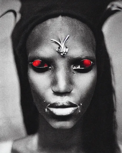 Prompt: ancient nilotic african androgynous vampire woman with demonic eyes, photograph, 3 5 mm film