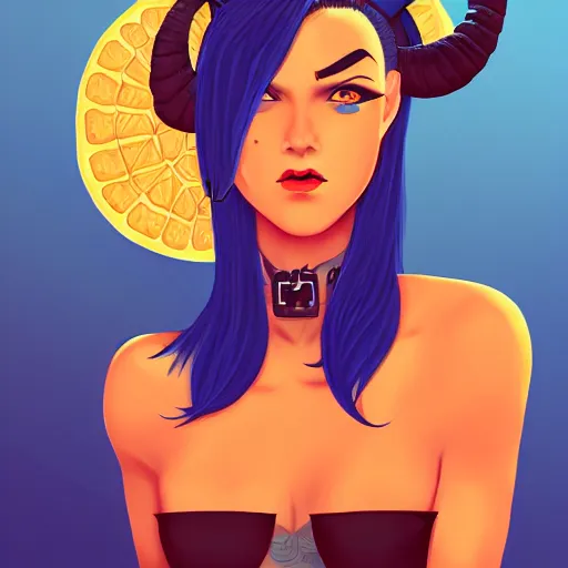 Image similar to illustrated portrait of ram-horned devil woman with blue bob hairstyle and her tangerine colored skin and with solid black eyes wearing leather by rossdraws