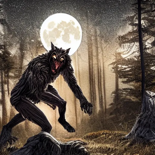 Image similar to man ripping off his skin turning into a werewolf, forest scenery, full moon, illuminated lighting, highly detailed, 4 k