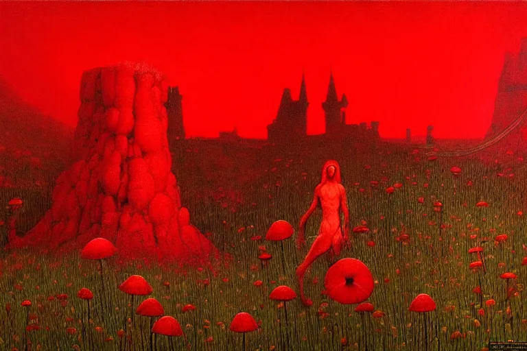 Image similar to only with red, red mushrooms of different types, a red tiger, a castle in the background, medieval demons dance over the flowers, an ancient path, in the style of beksinski, part by hopper, part by rodcenko, part by hofbauer, intricate composition, red by caravaggio, insanely quality, highly detailed, masterpiece, red light, artstation