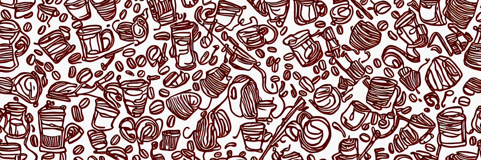 Image similar to seamless pattern, coffee and musical instrument, vector, line art, red and white,