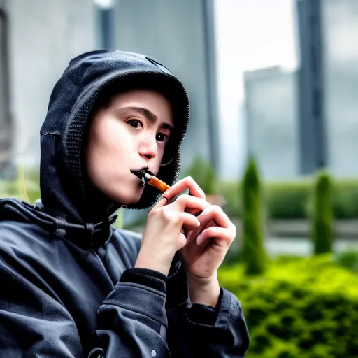 Image similar to candid photographic portrait of a poor techwear mixed young woman smoking inside a dystopian city, closeup, beautiful garden terraces in the background, sigma 85mm f/1.4, 4k, depth of field, high resolution, 4k, 8k, hd, full color