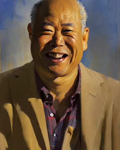 Prompt: greg manchess portrait painting of smiling creepy asian middle age man, sitting on moped motorbike burning on fire, medium shot, asymmetrical, profile picture, organic painting, sunny day, matte painting, bold shapes, hard edges, street art, trending on artstation, by huang guangjian and ail elvgren and sachin teng