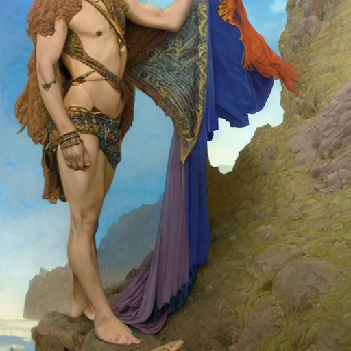 Image similar to an ultradetailed portrait of robin williams dressed as an djinn druid, standing heroically on top of a cliff, d & d, fantasy, intricate, elegant, highly detailed, digital painting, matte, sharp focus, illustration, god rays, art by john collier and albert aublet and krenz cushart and artem demura and alphonse mucha