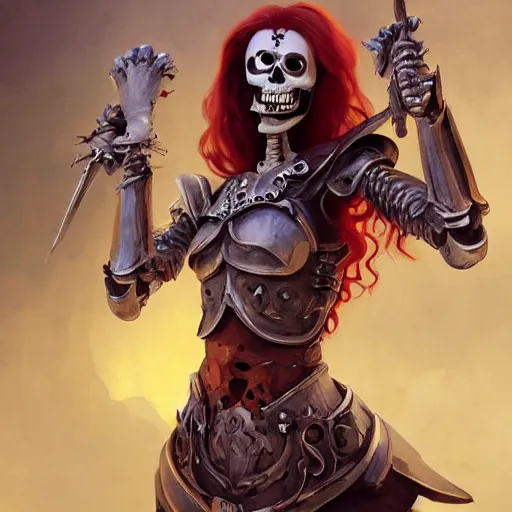 Prompt: cute & beautiful smug smiling undead skeleton girl with very attractive face and red hair dressed as a knight, elegant, digital art, fullbody painting, fantasy, pixar style, painting, pin up, highly detailed, artstation, art by artgerm, vrubel, greg rutkowski, ilya kuvshinov, raymond swanland