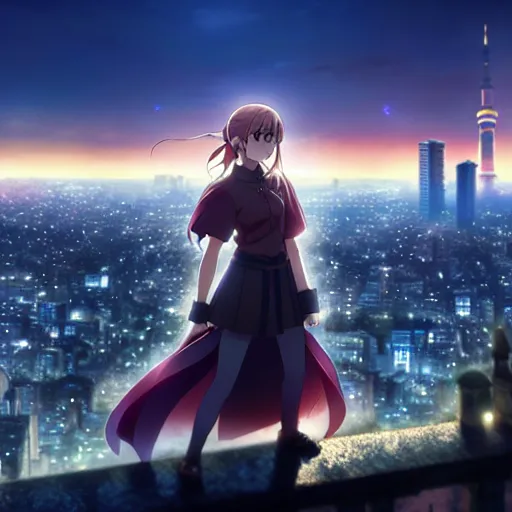 Image similar to emma watson in heavens feel movie, tokyo, ufotable, kyoani, high quality, key visual, cinematic, city background, night time, rooftop, fate stay night, unlimited blade works, greg rutkowski, high resolution, dynamic pose, extreme close up, street clothes, anime, high budget
