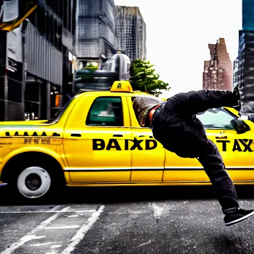 Image similar to skateboarder kickflipping over a yellow taxi, nyc street photograph, award winning, 4k