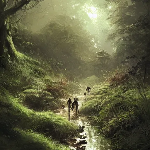 Image similar to tiny mushroom people walking by a stream in a lush forest, dramatic lighting, illustration by Greg rutkowski, yoji shinkawa, 4k, digital art, concept art, trending on artstation