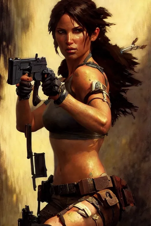 Image similar to lara croft with pistols, portrait dnd, painting by gaston bussiere, craig mullins, greg rutkowski, yoji shinkawa