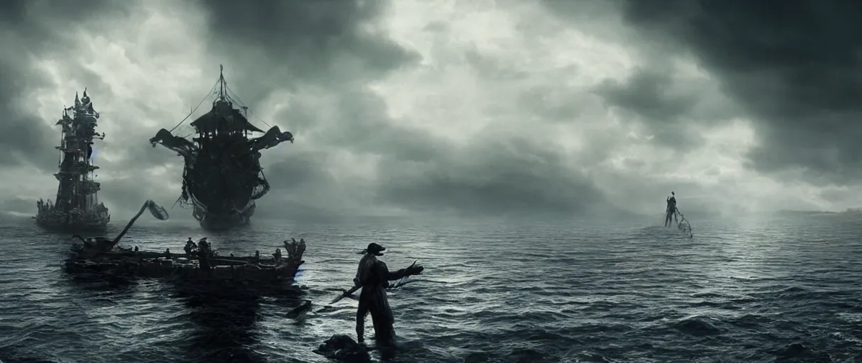 Prompt: a pirate standing on his ship a giant monster craft merging out of the water, beautiful dramatic moody lighting, cinematic atmosphere, high detail, 8k, ornate, dark fantasy, masterpiece, complex, film still from the movie directed by Denis Villeneuve with art direction by Gregory Crewdson, Joel Sternfeld