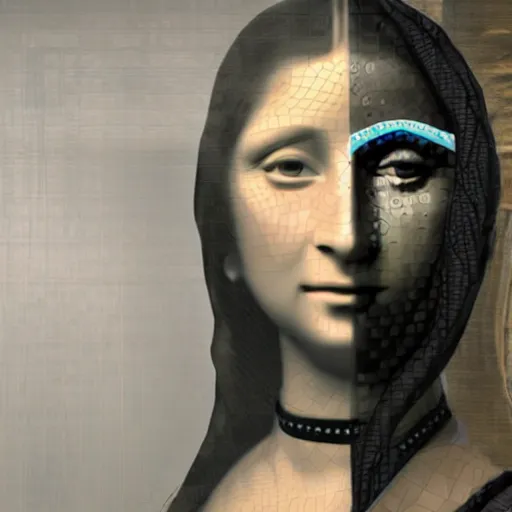 Image similar to a highly detailed 3 d rendering in unreal engine on ps 5 of the mona lisa dressed as the cyborg ninja from metal gear solid