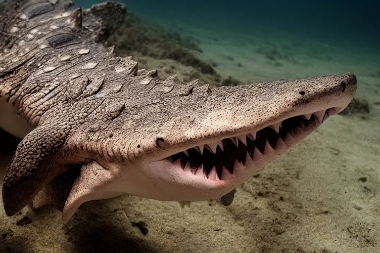 Image similar to a crocodile shark!!! hybrid! hyper realistic!! realistic lighting!! wildlife photographer of the year!!! bold natural colors, national geographic, hd, wide angle, 8 k