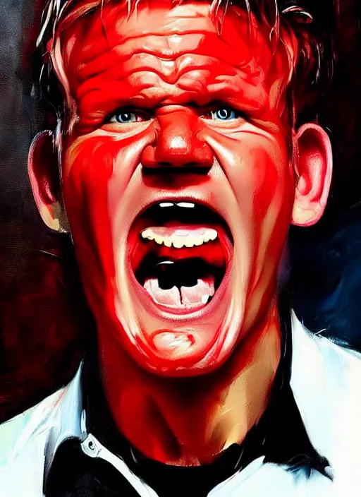 Image similar to gordon ramsay angry, screaming, red face, spit flying from mouth, stylistic painting by 'phil hale'!!!! high quality hd