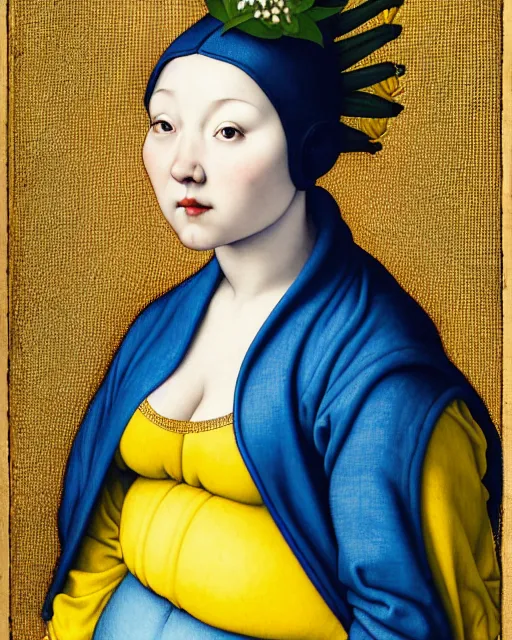 Prompt: portrait of a curvy woman with blue hair buns, wearing a yellow hoodie, standing in a botanical garden, intricate details, high detail, in the style of rogier van der weyden and jacopo da pontormo, by mark ryden, punk, asian art,