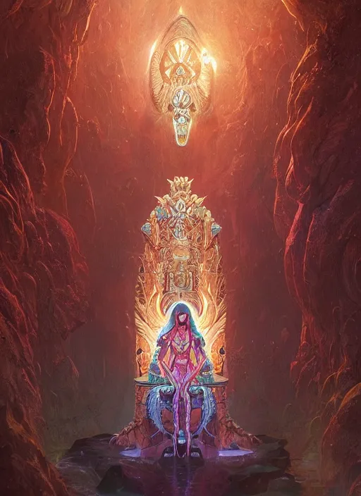 Prompt: hyper realistic photography of intricate symmetric strange aztec alien goddess sitting on opal throne in a crystal cave detailed, greg rutkowski, artstation, cgsociety