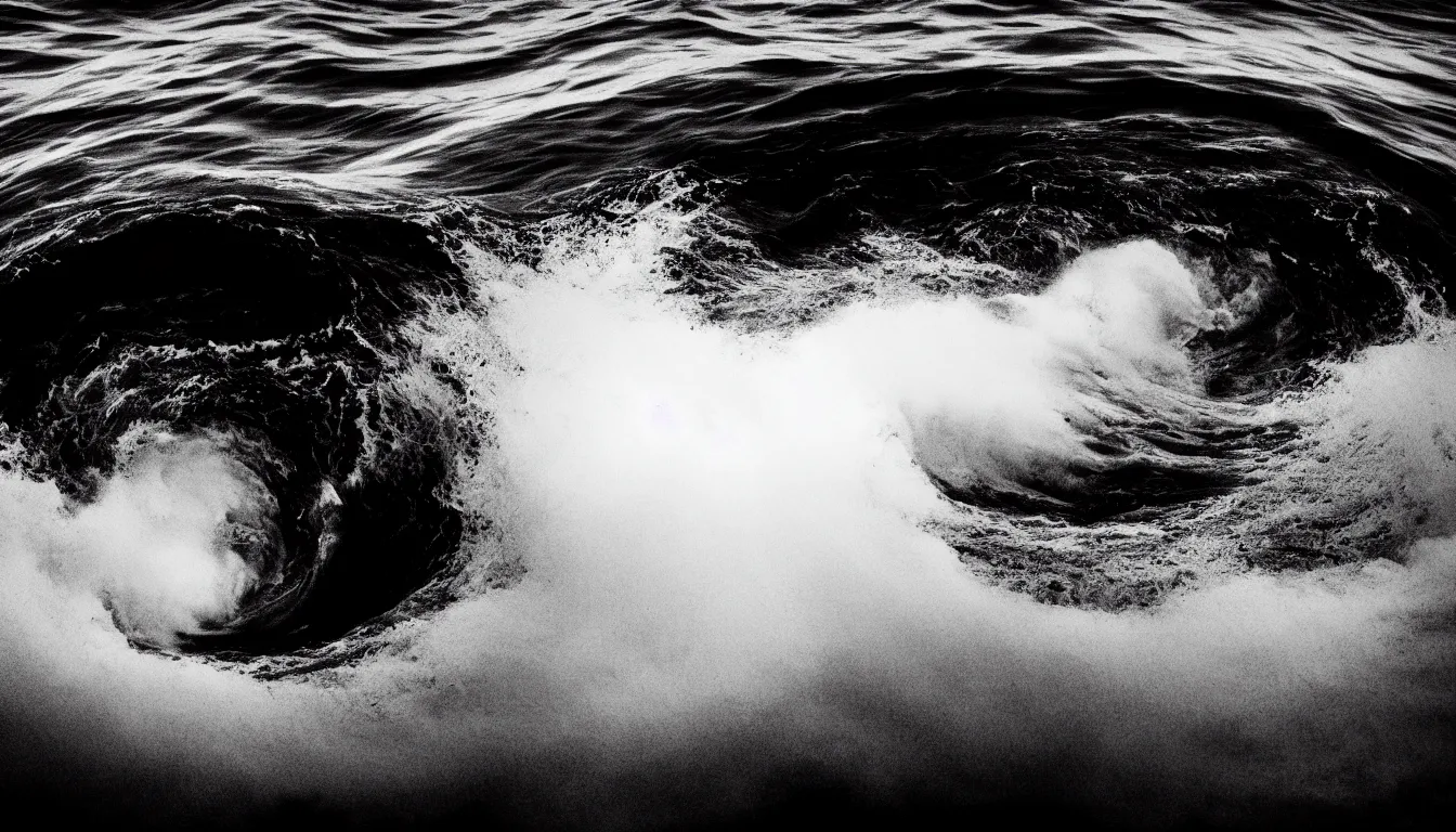 Image similar to void, whirlpool in the middle of the lake, waves, dark, atmospheric, scary, claustrophobic, ambient vibe, very detailed, black and white, 4 k