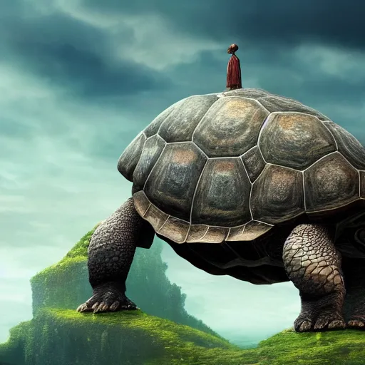 Image similar to giant tortoise walking with a large fantasy castle rising growing from the top of it, distant shot birds eye view, fantasy, hyper detailed, 4 k, howls moving castle, mortal engines,