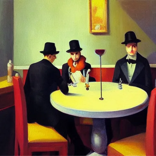 Image similar to “an award winning painting of a group of beautiful young symmetric people wearing monocles and top-hats sitting at a round metal table playing cards, drinking gin and tonic. In the style of Edward hopper”