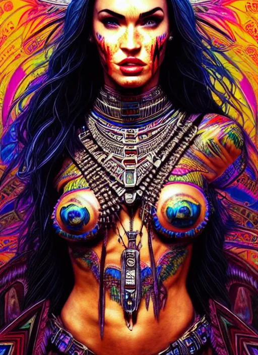 Prompt: portrait of megan fox, hyper detailed ultra sharp aztec shaman warrior. trending on artstation, warpaint aesthetic, bloodwave, colorful, psychedelic, ornate, intricate, digital painting, concept art, smooth, sharp focus, illustration, art by artgerm and greg rutkowski and h. r. giger, 8 k
