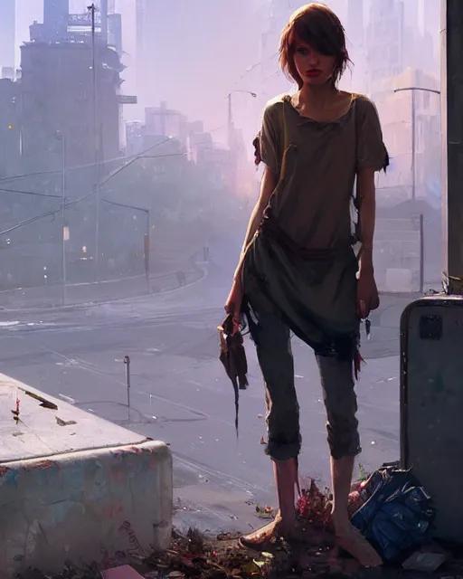 Prompt: Homeless taylor swift wearing tattered rags, dirt, in GTA V, Stephen Bliss, unreal engine, fantasy art by Greg Rutkowski, Loish, Rhads, Makoto Shinkai and Lois van baarle, ilya kuvshinov, rossdraws global illumination, radiant light, detailed and intricate environment