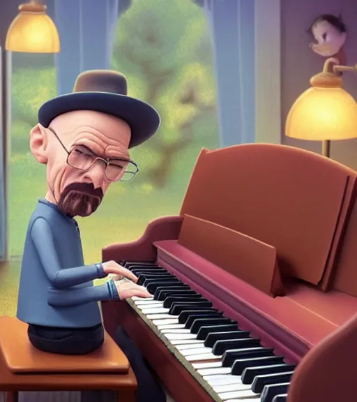 Prompt: very beautiful portrait of an extremely cute and adorable walter white playing piano, smooth, perfect face, fantasy, character design by mark ryden and pixar and hayao miyazaki, sharp focus, concept art, harvest fall vibrancy, intricate detail, cinematic lighting, hyperrealistic, 3 5 mm, diorama macro photography, 8 k, 4 k