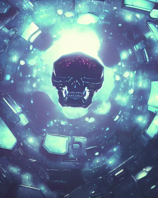 Image similar to brutalist galaxy encased inside a diamond gundam mecha skull floating in void hallucinating, an astronaut space pirate covered with black sticky extraterrestrial fluid, creative VFX, vhs glitch, laserdisc reflections, no text, HD octane render, volumetric lighting, magical atmosphere, cinematic, hyper-realistic, rendered with octane, hyper realistic, hyper detailed, surreal, futuristic, volumetric light, 8k