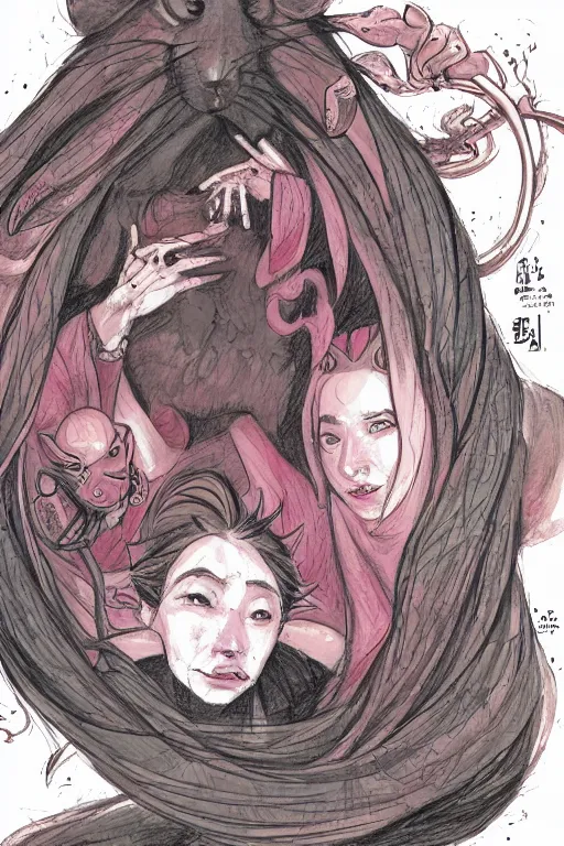 Prompt: womb of woman rat, sketch and art by jacqueline e, color by bo feng lin