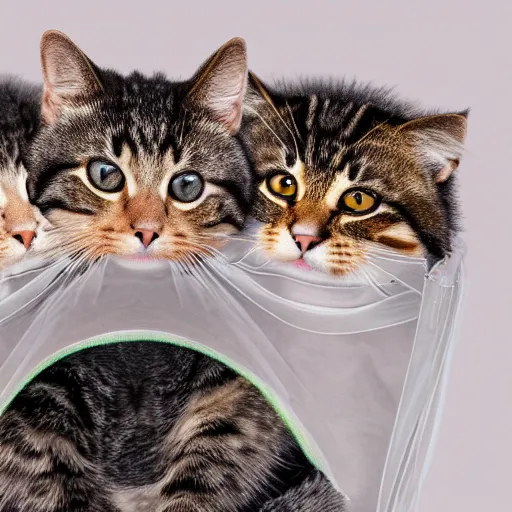 Image similar to a highly detailed photo of multiple furry cats inside a transparent bag, white background, studio lighting, 4 k, 8 k