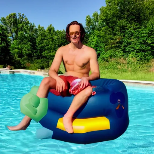 Image similar to Loki sitting on a flamingo pool float in a beautiful lake wearing colorful stockings