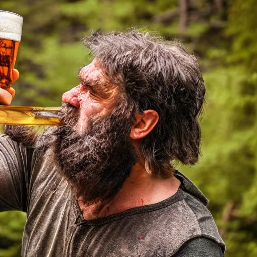 Prompt: photo of ancient caveman shotgunning a beer can, high detail, ultra realistic, 4k UHD, pristine