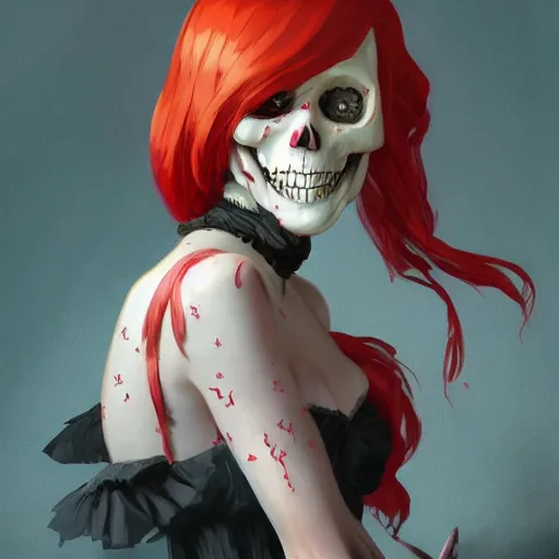 Image similar to cute & beautiful smug smiling undead skeleton girl with red hair dressed as a witch, elegant, digital art, fantasy, pixar style, painting, pin up, highly detailed, artstation, art by artgerm, vrubel, greg rutkowski, ilya kuvshinov, raymond swanland