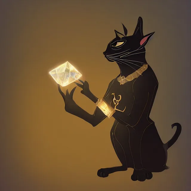 Prompt: a black cat tabaxi sorcerer holding a glowing crystal, character concept, artstation, stylized
